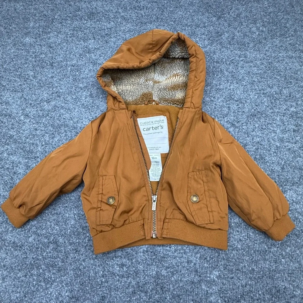 Carters Baby Boys Brown Hooded Bomber Jacket Fleece Lined 18M‎ C2206136-CT